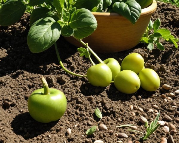 Fresh Green Apples on Brown Soil with Lush Leaves
