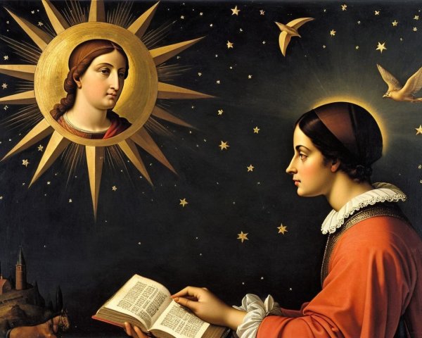 Serene Artwork of Woman with Celestial Figure and Dove