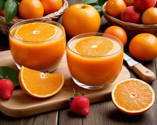 Vibrant Orange Juice with Fresh Fruit and Oranges