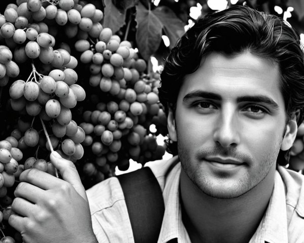 Young man with grapes in black and white portrait