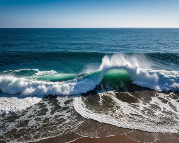Ocean Wave Rolling Toward Sandy Beach Under Blue Sky
