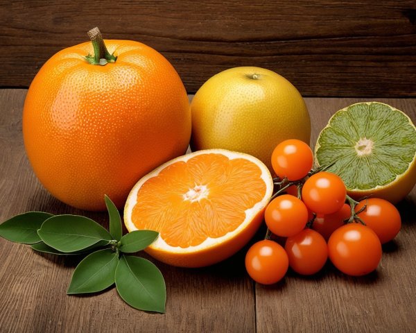 Vibrant Display of Citrus Fruits on Wooden Surface