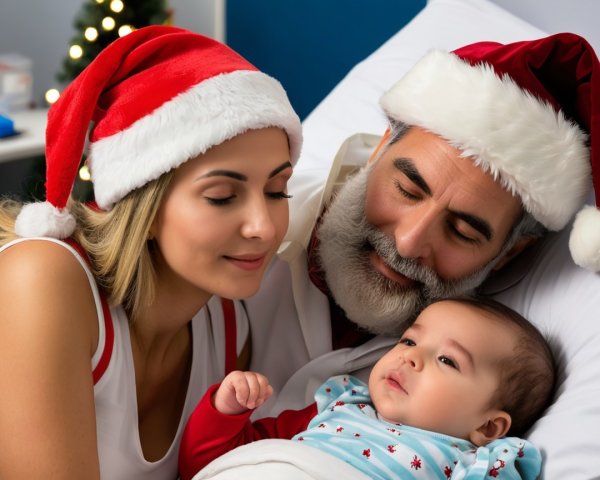 Indoor Shot of Two Adults and Baby in Bed