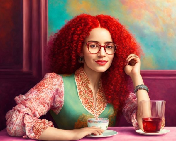 Young woman with red hair in cozy café setting