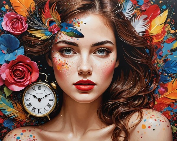 Portrait of a woman with vibrant feathers and flowers