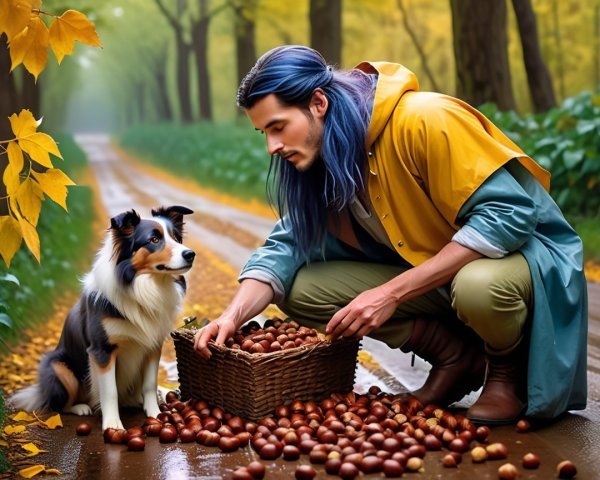 Young man in yellow raincoat gathering chestnuts outdoors
