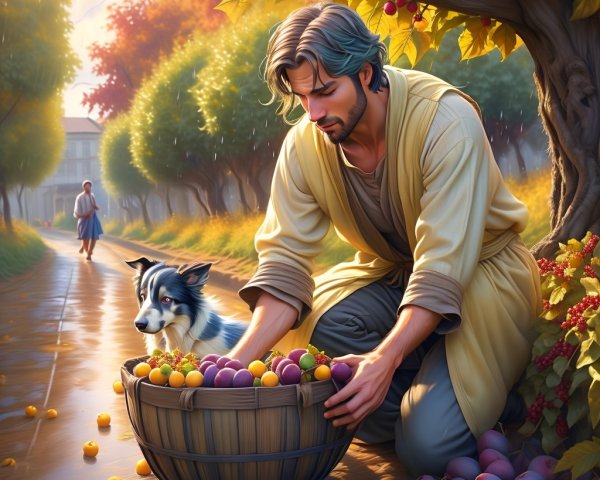 Man in Beige Robe Collects Plums in Autumn Landscape