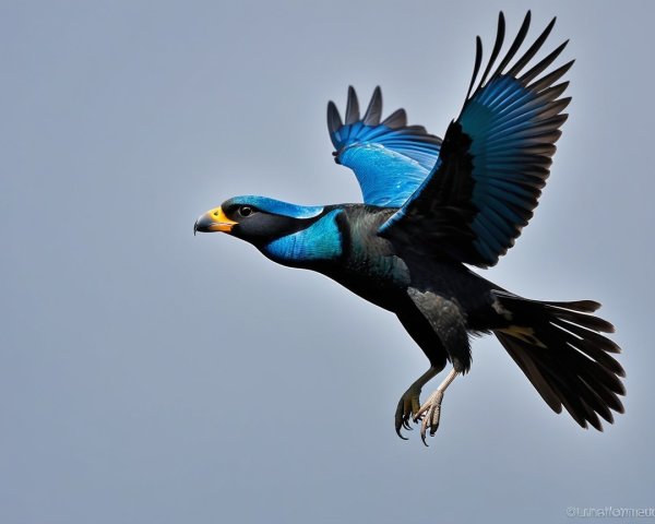 Vibrant Bird in Flight with Blue Wings and Black Body