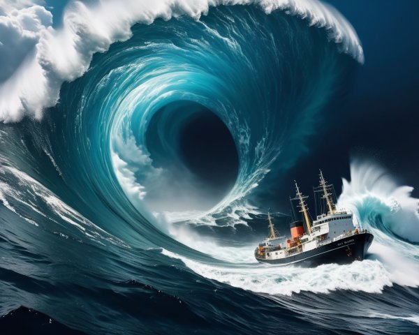 Colossal Wave Over Ship in Stormy Waters