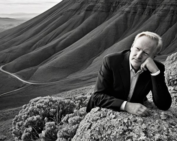Contemplative Figure in Tailored Suit on Rocky Outcrop
