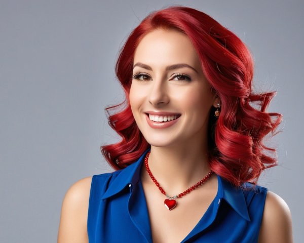 Woman with red curly hair in blue blouse and necklace