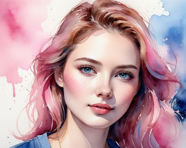 Watercolor Portrait of a Young Woman with Pink Hair