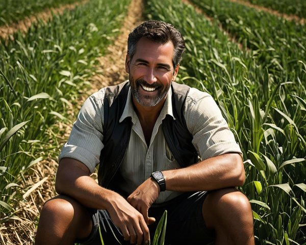Smiling Man in Sunny Field of Lush Green Crops