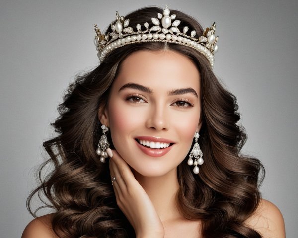 Young woman in elegant crown and pearl accessories