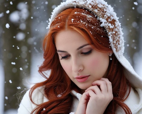 Close-Up of Young Woman in Snowy Hooded Coat
