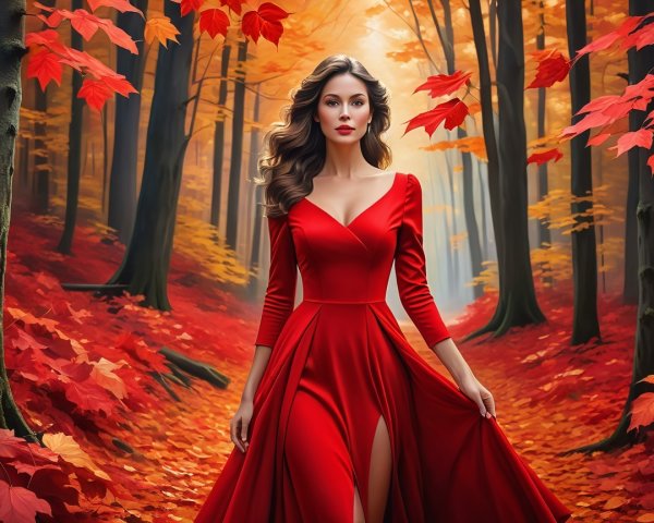 Woman in Red Dress in Autumn Forest Setting