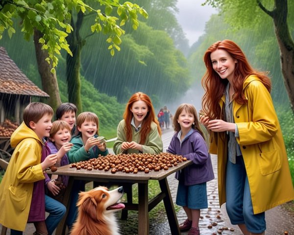 Joyful Group in Yellow Raincoat Enjoys Chestnuts Outdoors