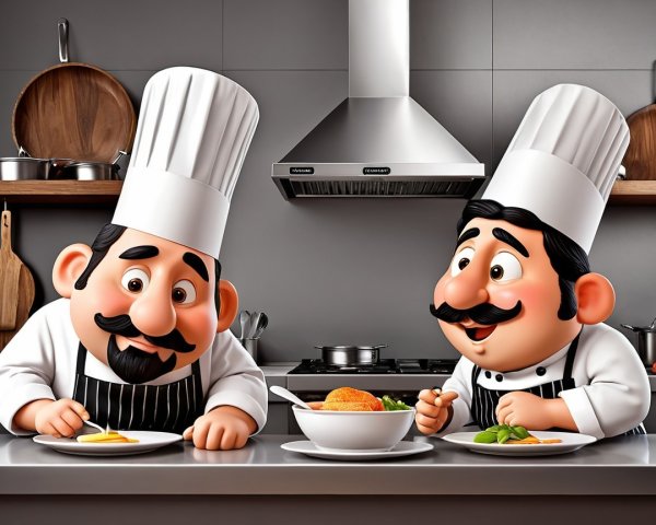 Cheerful Cartoon Chefs in a Modern Kitchen Setting