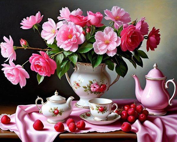 Vibrant Still Life with Flowers and Fresh Fruits