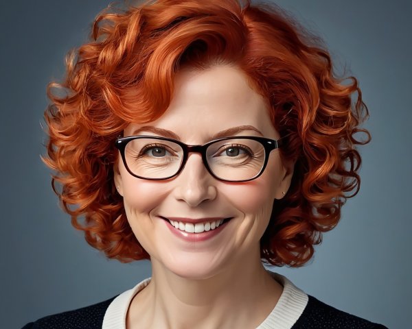 Woman with red curly hair in stylish glasses