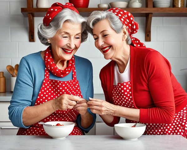 Elderly Women in Polka Dot Aprons in Bright Kitchen