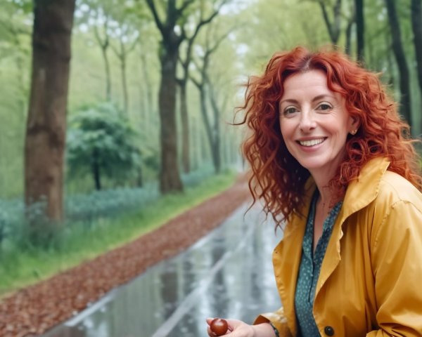 Woman with curly red hair in a green park setting
