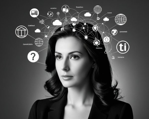 Contemplative Woman Surrounded by Symbolic Icons