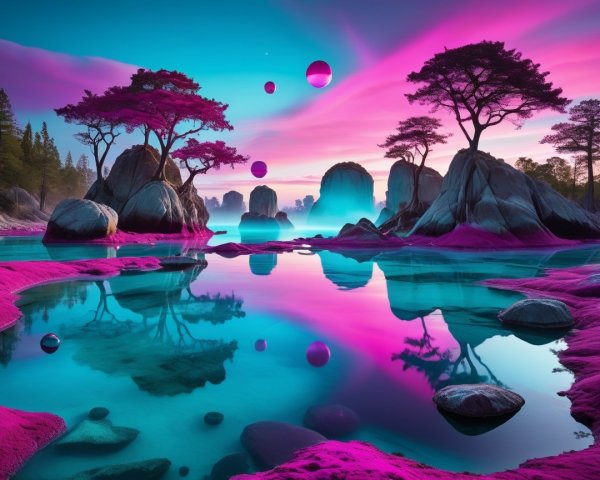 Surreal Landscape with Pink and Blue Hues and Orbs