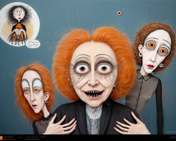 Stylized Characters with Unique Features and Ghostly Figure