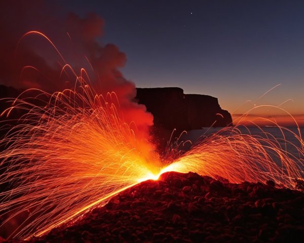 Erupting Volcano at Dusk with Lava and Smoke