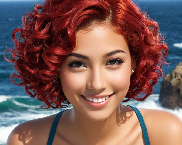 Young person with red curls smiling by ocean waves