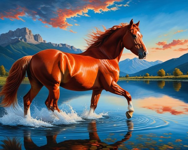 Chestnut Horse in Serene Lake with Mountain Backdrop