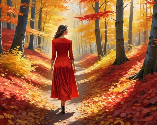 Woman in red dress walking through autumn forest