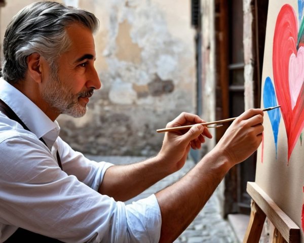 Artist Painting Vibrant Hearts on Textured Canvas