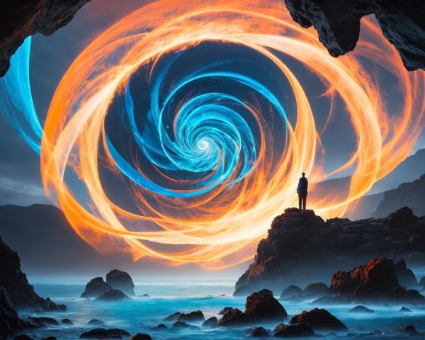 Solitary Figure by Ocean with Swirling Energy Vortex