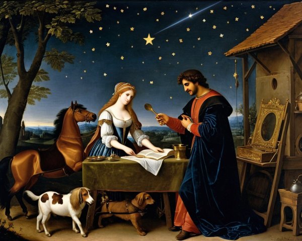Serene Night Scene with Man, Woman, and Animals