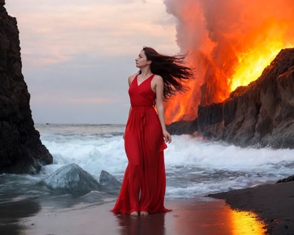 Woman in Red Dress on Beach with Volcanic Eruption