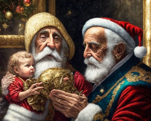Elderly Men as Santa Claus with Baby and Golden Helmet