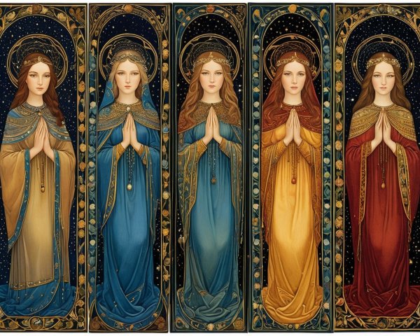 Ethereal Figures in Vibrant Robes with Celestial Background