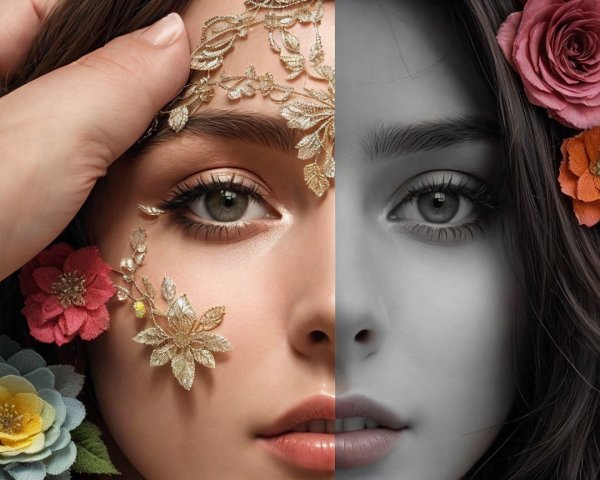 Split Face of a Woman in Color and Grayscale