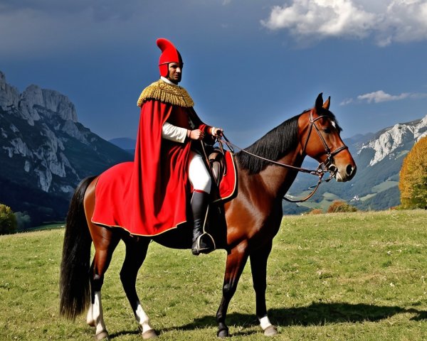 Mounted Soldier in Red and Black Attire on Horse