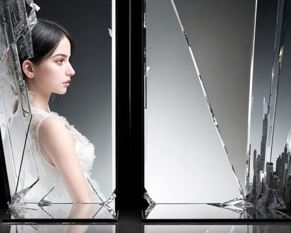 Portrait of a Young Woman with Reflective Glass Shards
