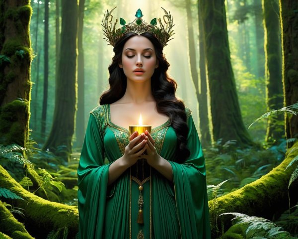 Regal figure in a green gown in a serene forest