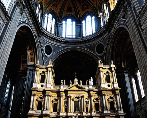 Historic Church Interior with Stained-Glass Windows