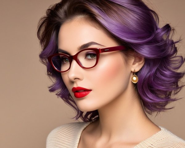 Woman with Purple Curls and Red Lipstick Portrait