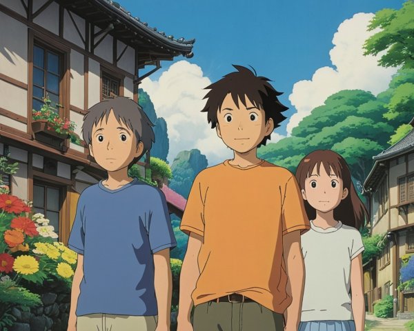 Children Exploring a Vibrant Village Under Blue Sky
