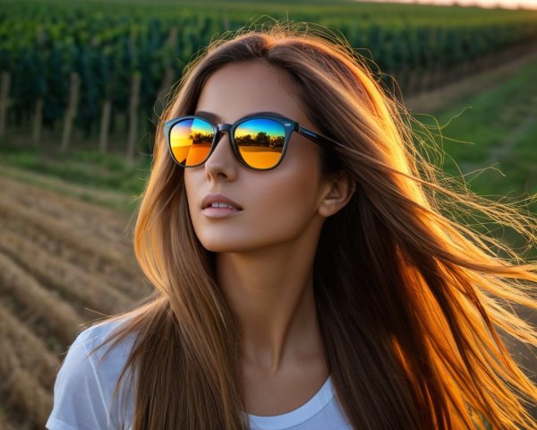Young Woman in Vineyard with Sunset Reflections
