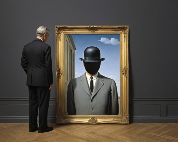 Man in Suit Before Surreal Painting of Faceless Figure