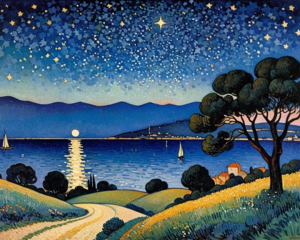 Starry Night Landscape with Calm Sea and Village
