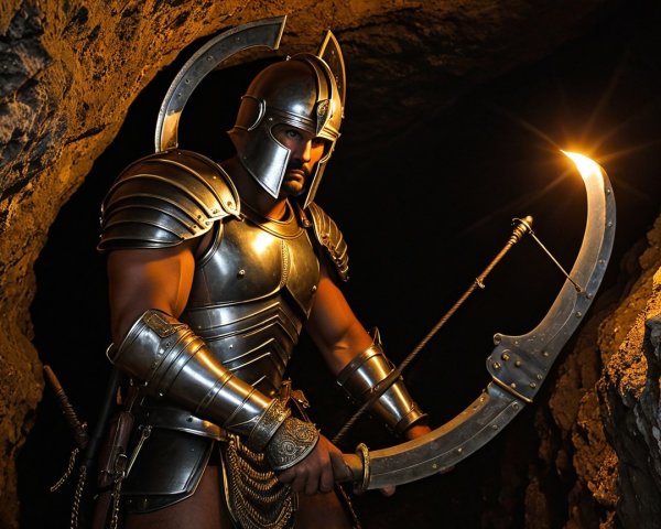 Muscular Warrior in Metallic Armor with Scythe in Cave
